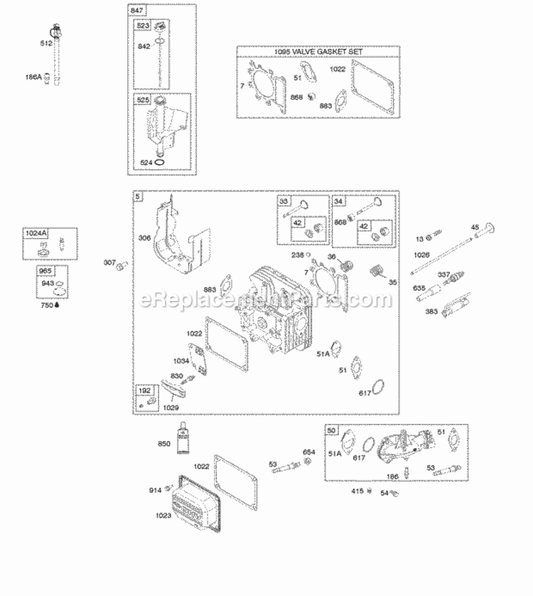 Cylinder Head Gasket Set - Valve Lubrication Valves Diagram and Parts List for  Briggs and Stratton Engine